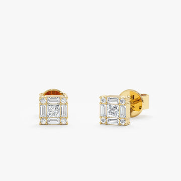 925 Silver Princess & Baguette Diamond Stud Earrings – Gold Plated