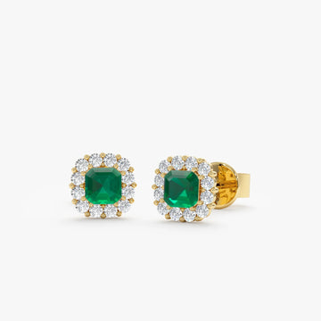 925 Silver Emerald & Diamond Halo Stud Earrings – 18k Gold Plated