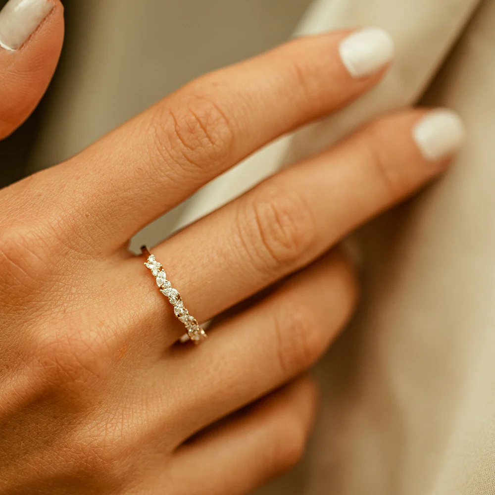 Slanted Marquise and Round Diamond Ring | Handmade Dainty Band