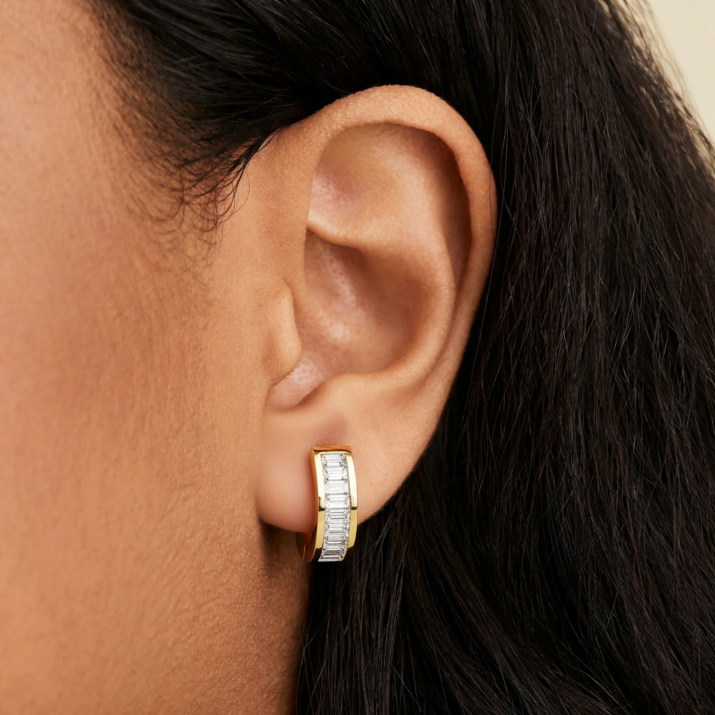925 Silver Baguette Diamond Hoop Earrings – 18k Gold Plated