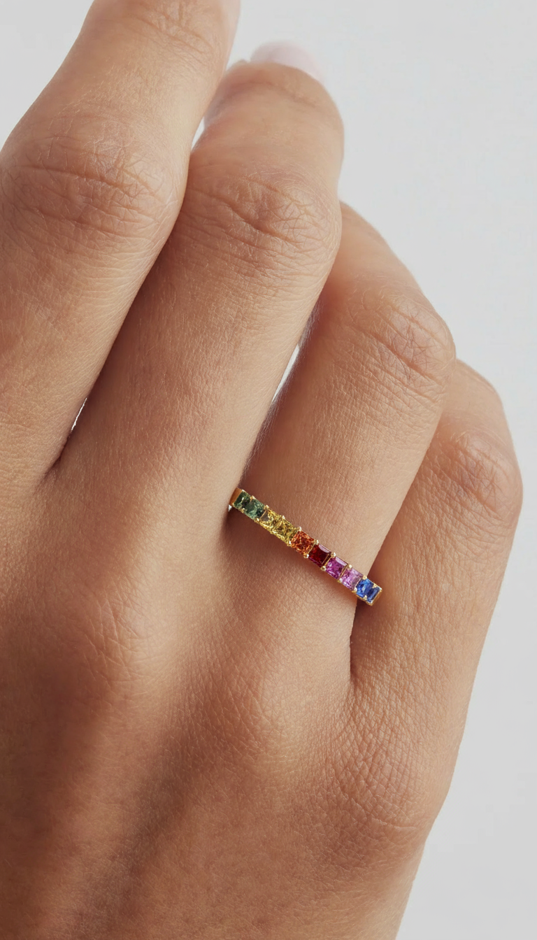 925 Silver Princess-Cut Rainbow Sapphire Ring – 18k Gold Plated