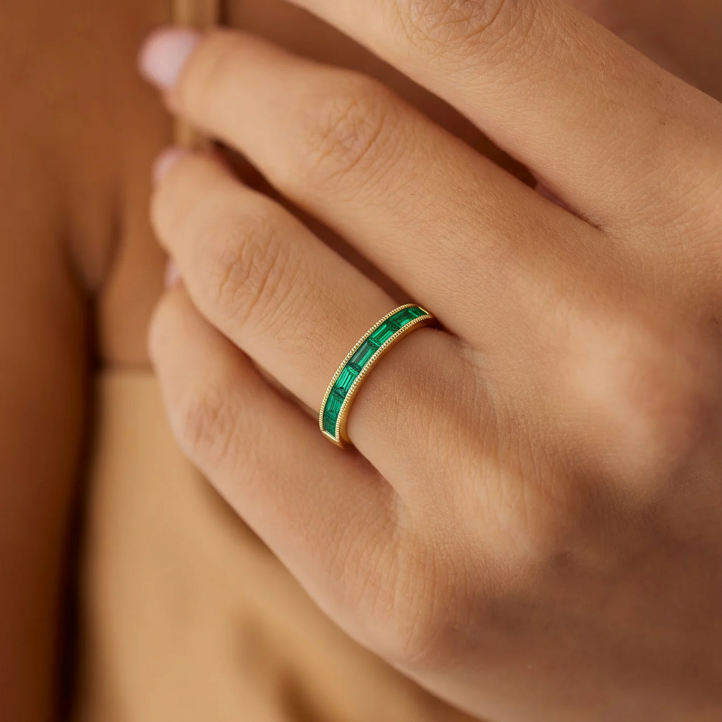 925 Silver Channel Set Baguette Emerald Ring – Gold Plated