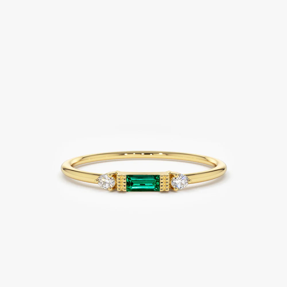 Baguette Emerald & Diamond Ring in 925 Sterling Silver – Gold Plated Fine Jewelry