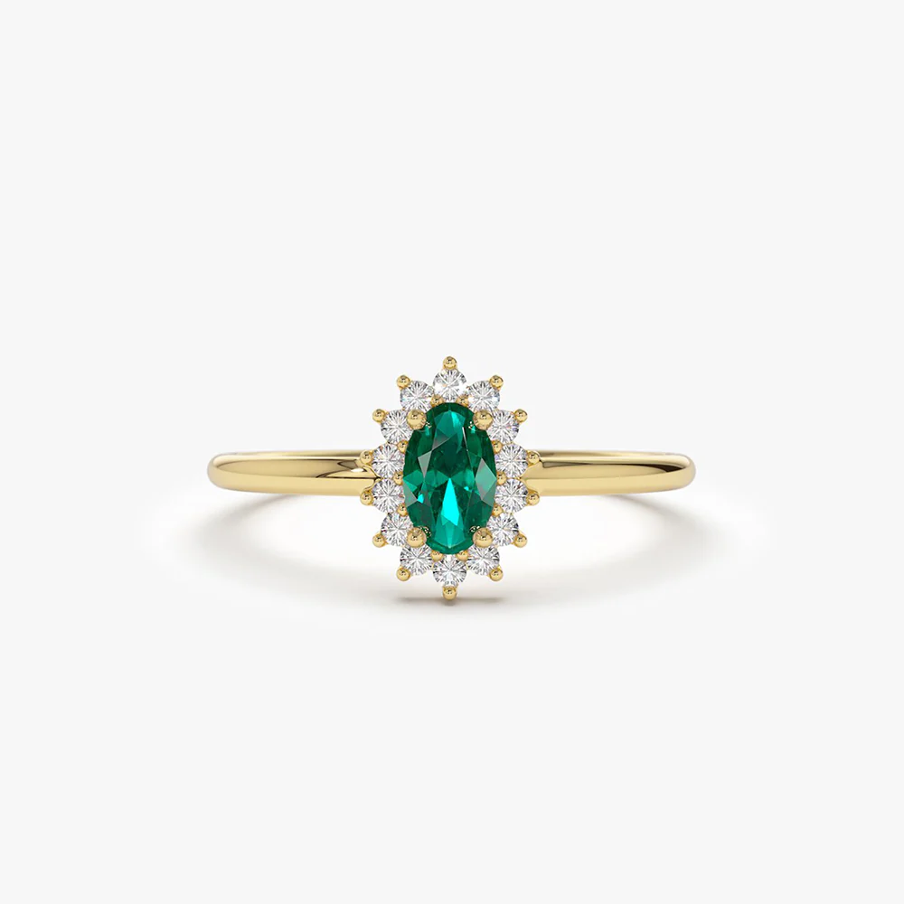 Emerald Halo Ring in 925 Sterling Silver – Gold Plated with Diamond Accents