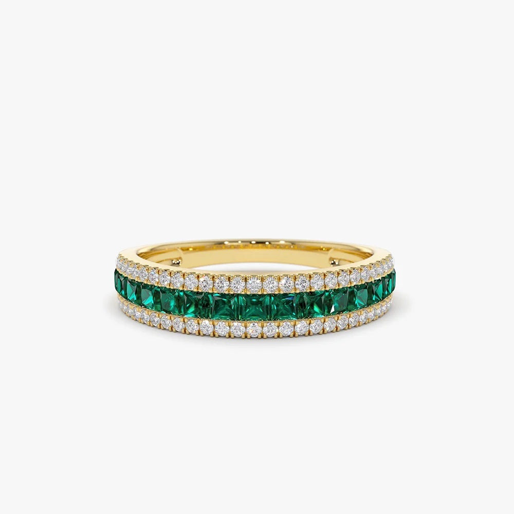 Half Eternity Square Emerald & Diamond Anniversary Ring in 925 Sterling Silver – 18k Gold Plated