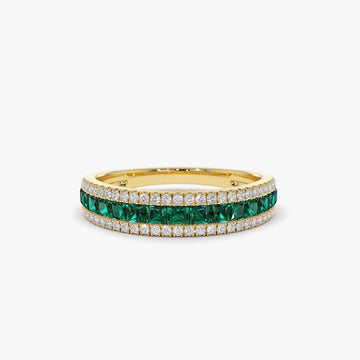 Half Eternity Square Emerald & Diamond Anniversary Ring in 925 Sterling Silver – 18k Gold Plated