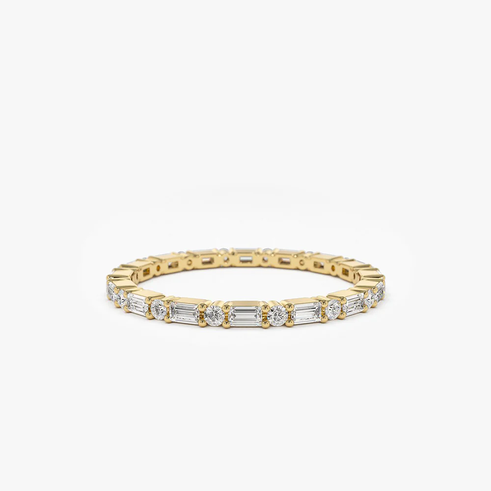 Baguette & Round Diamond Eternity Ring in 925 Sterling Silver – Gold Plated Fine Jewelry