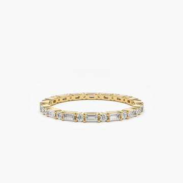 Baguette & Round Diamond Eternity Ring in 925 Sterling Silver – Gold Plated Fine Jewelry
