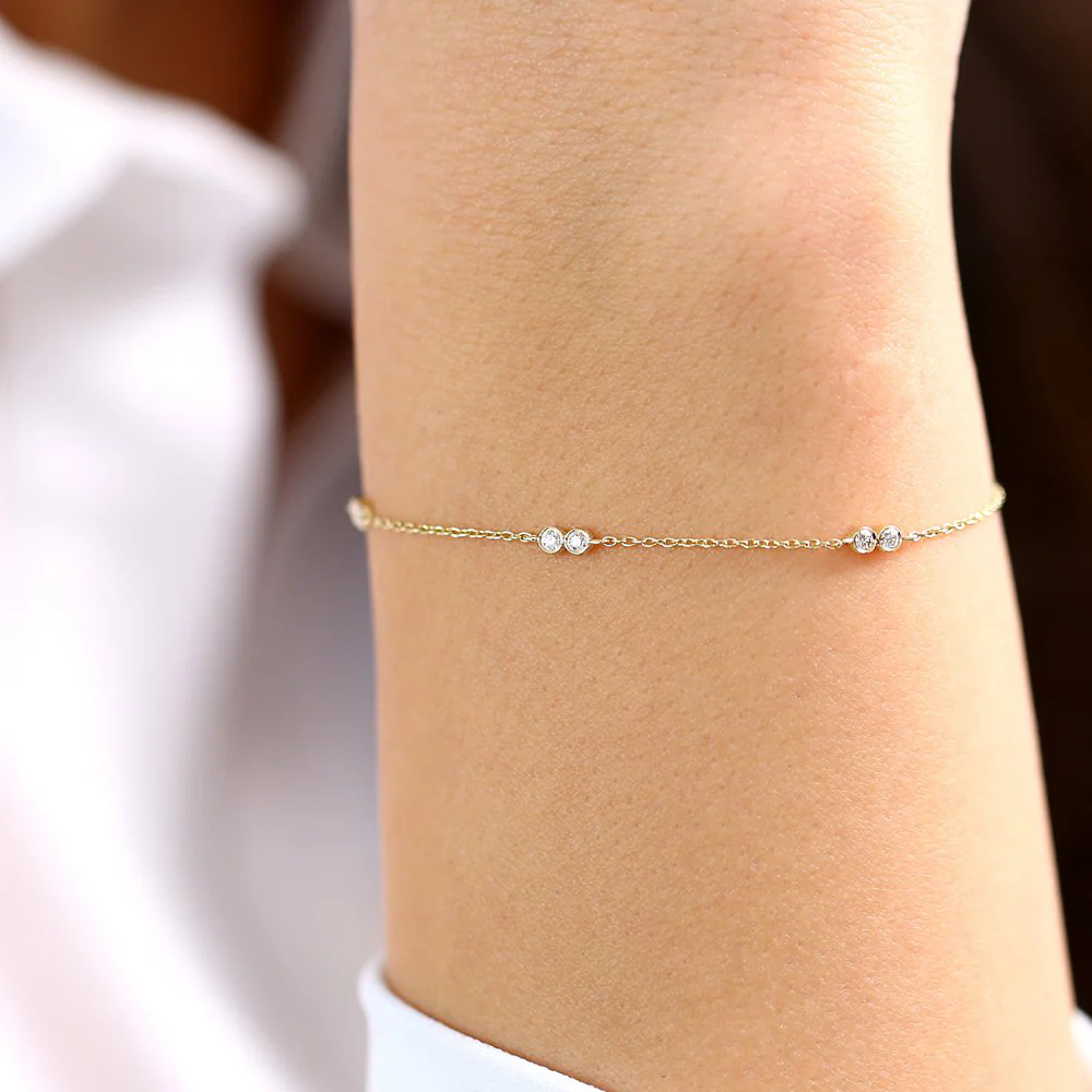 Double Diamond Station Bracelet in 925 Sterling Silver – Gold Plated Dainty Jewelry