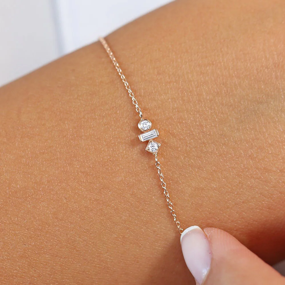 Baguette & Round Diamond Mix Bracelet in 925 Sterling Silver – Gold Plated Dainty Jewelry