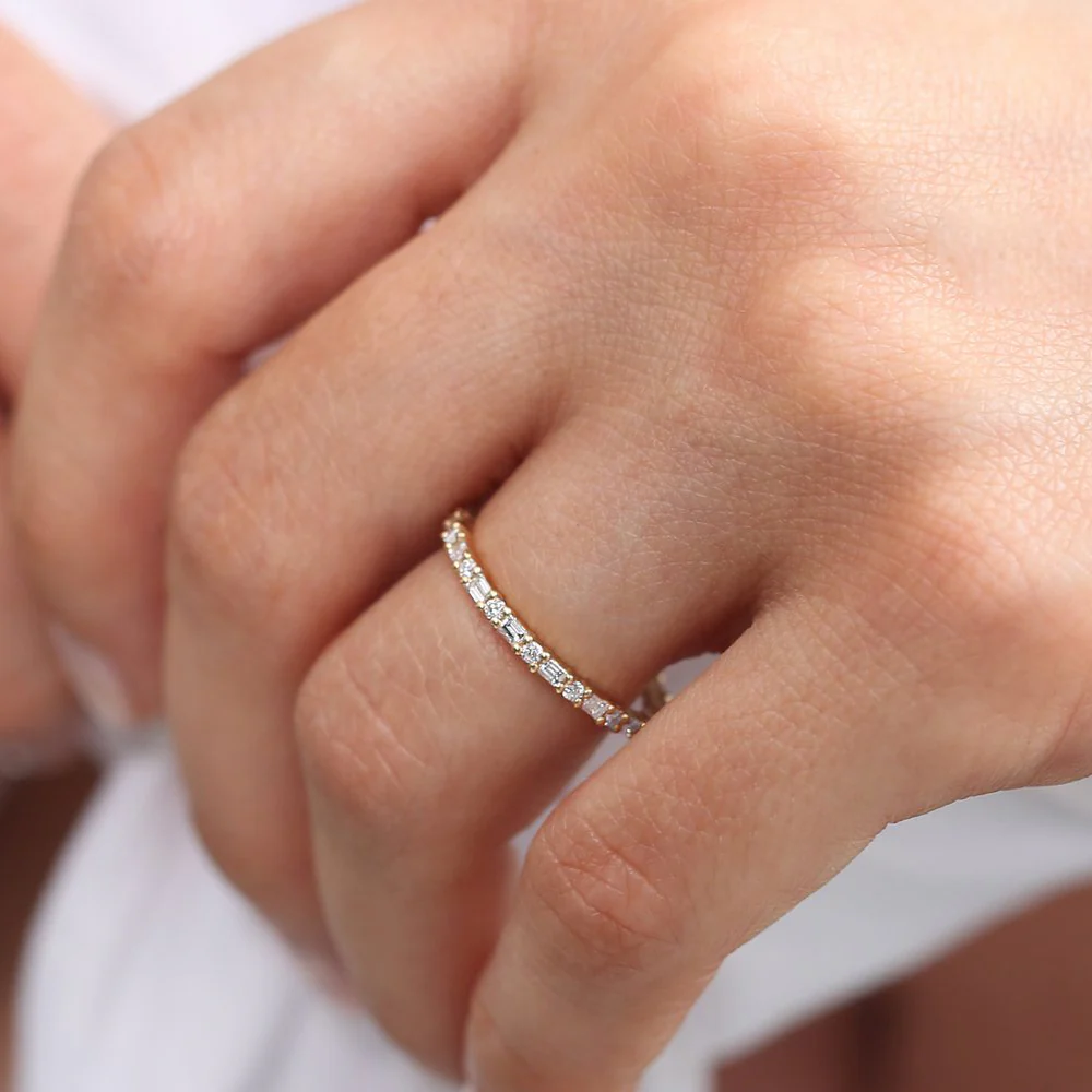 Baguette & Round Diamond Eternity Ring in 925 Sterling Silver – Gold Plated Fine Jewelry