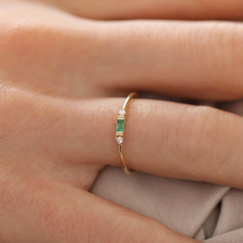 Baguette Emerald & Diamond Ring in 925 Sterling Silver – Gold Plated Fine Jewelry