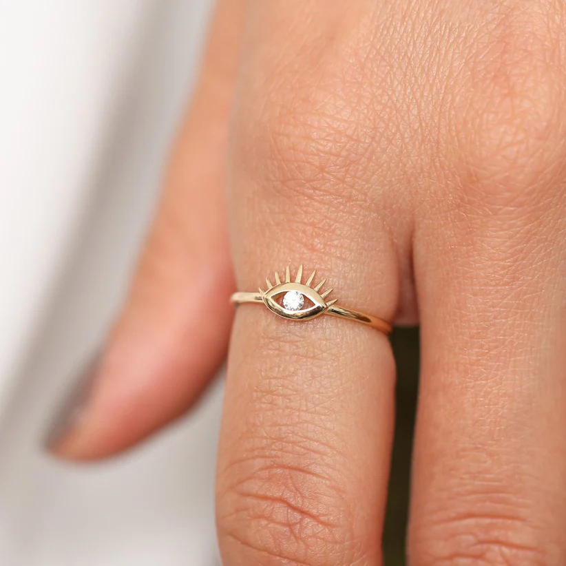 Diamond Evil Eye Ring in 925 Sterling Silver – Gold Plated Protection Jewelry