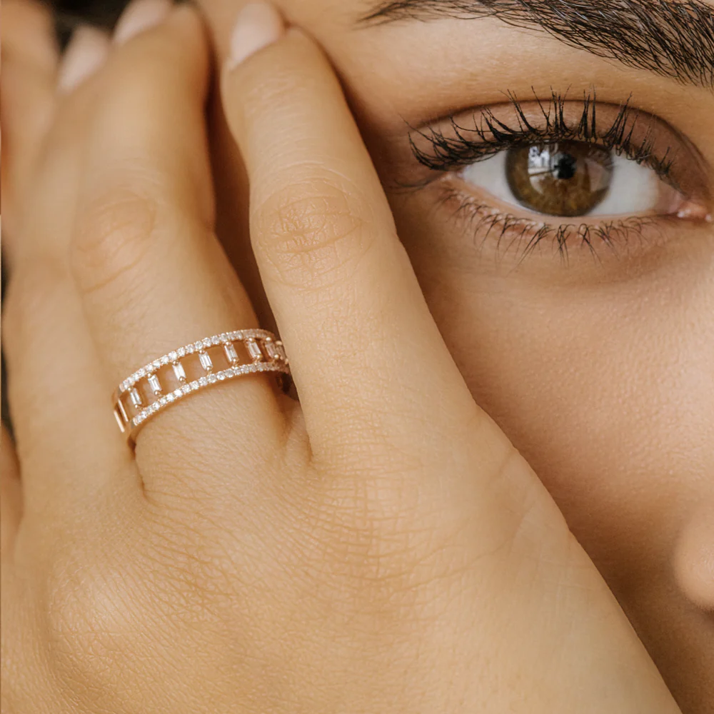 Double Row Baguette & Micro-Pavé Eternity Ring in 925 Sterling Silver – 18K Gold Plated