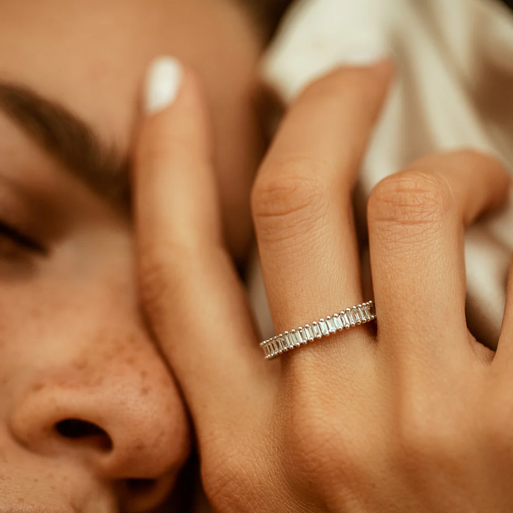 Full Eternity Baguette Ring in 925 Sterling Silver – Gold Plated Statement Band