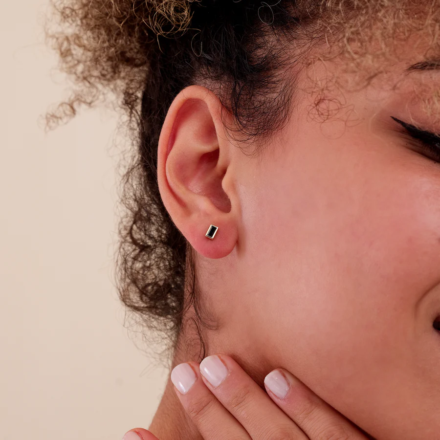 Baguette Black Diamond Stud Earrings in 925 Sterling Silver