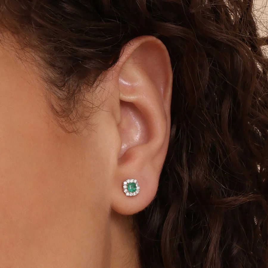 925 Silver Emerald & Diamond Halo Stud Earrings – 18k Gold Plated
