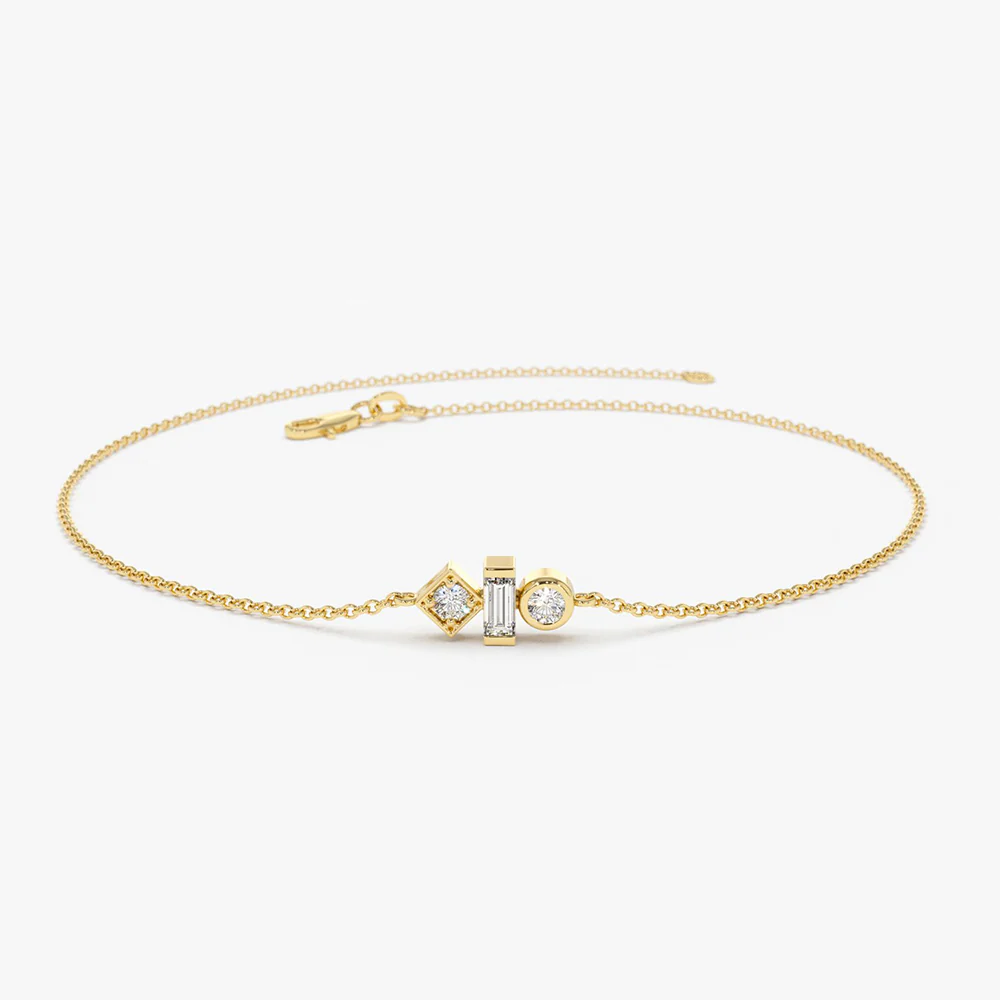 Baguette & Round Diamond Mix Bracelet in 925 Sterling Silver – Gold Plated Dainty Jewelry