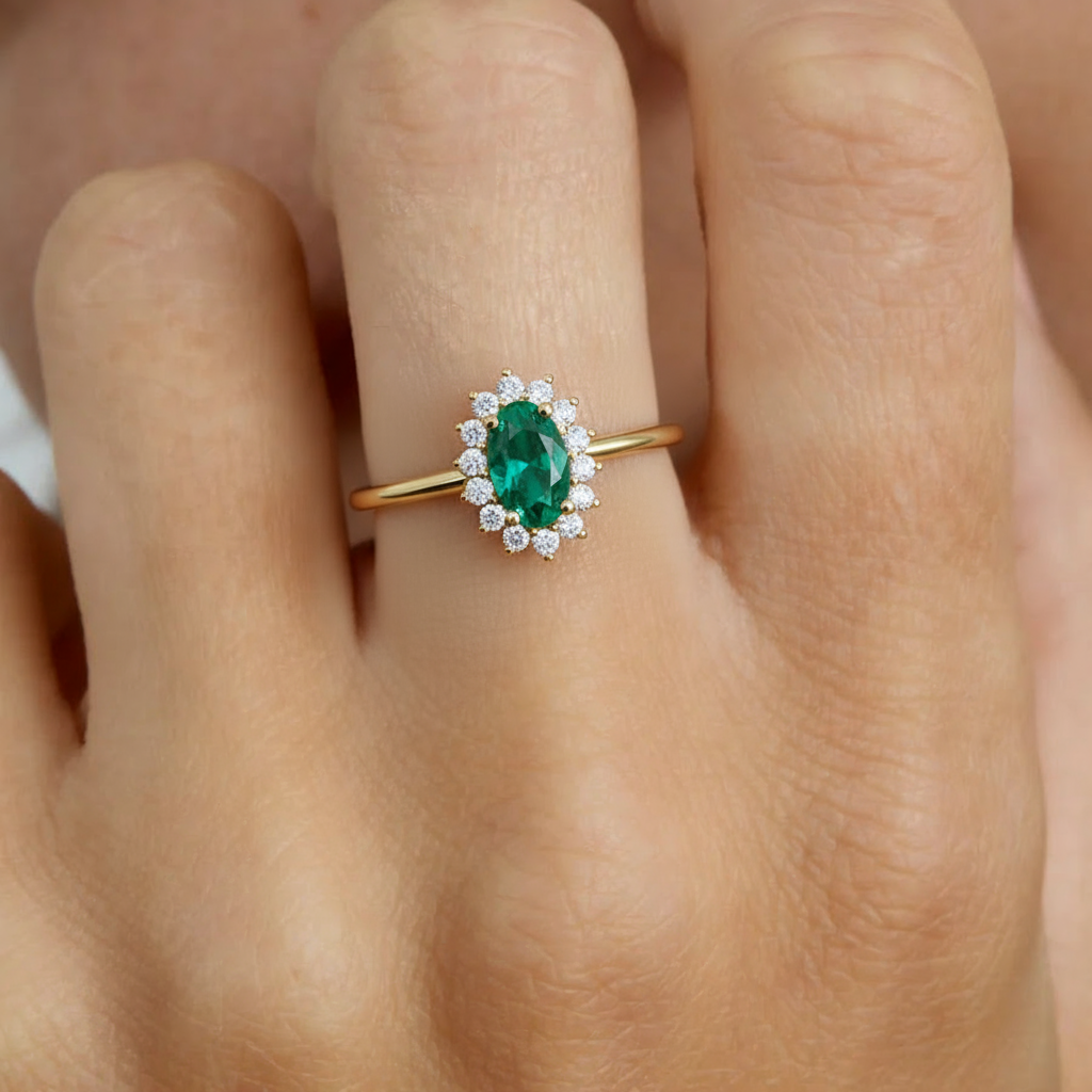 Emerald Halo Ring in 925 Sterling Silver – Gold Plated with Diamond Accents