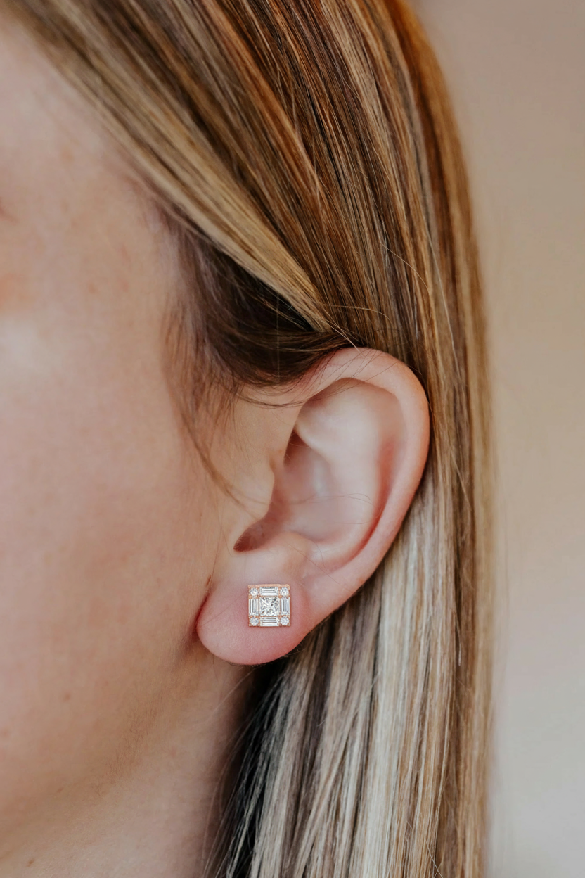 925 Silver Princess & Baguette Diamond Stud Earrings – Gold Plated